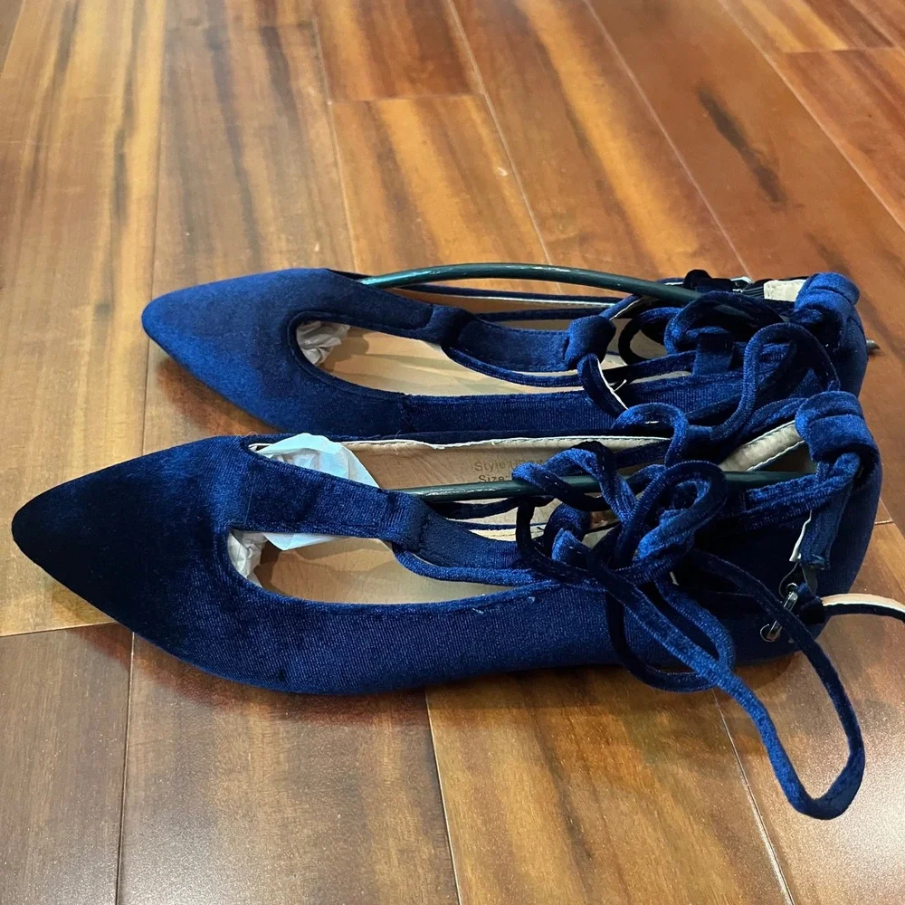 Navy Velvet Ballet Flat Lace Up Pointed‎ Toe Strappy T Yoki Urban-80 New Size 7